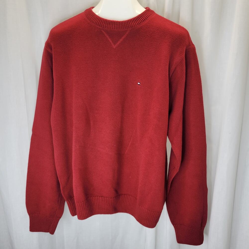Tommy Hilfiger Maroon Cotton Crew Neck Y2K Sweater, L